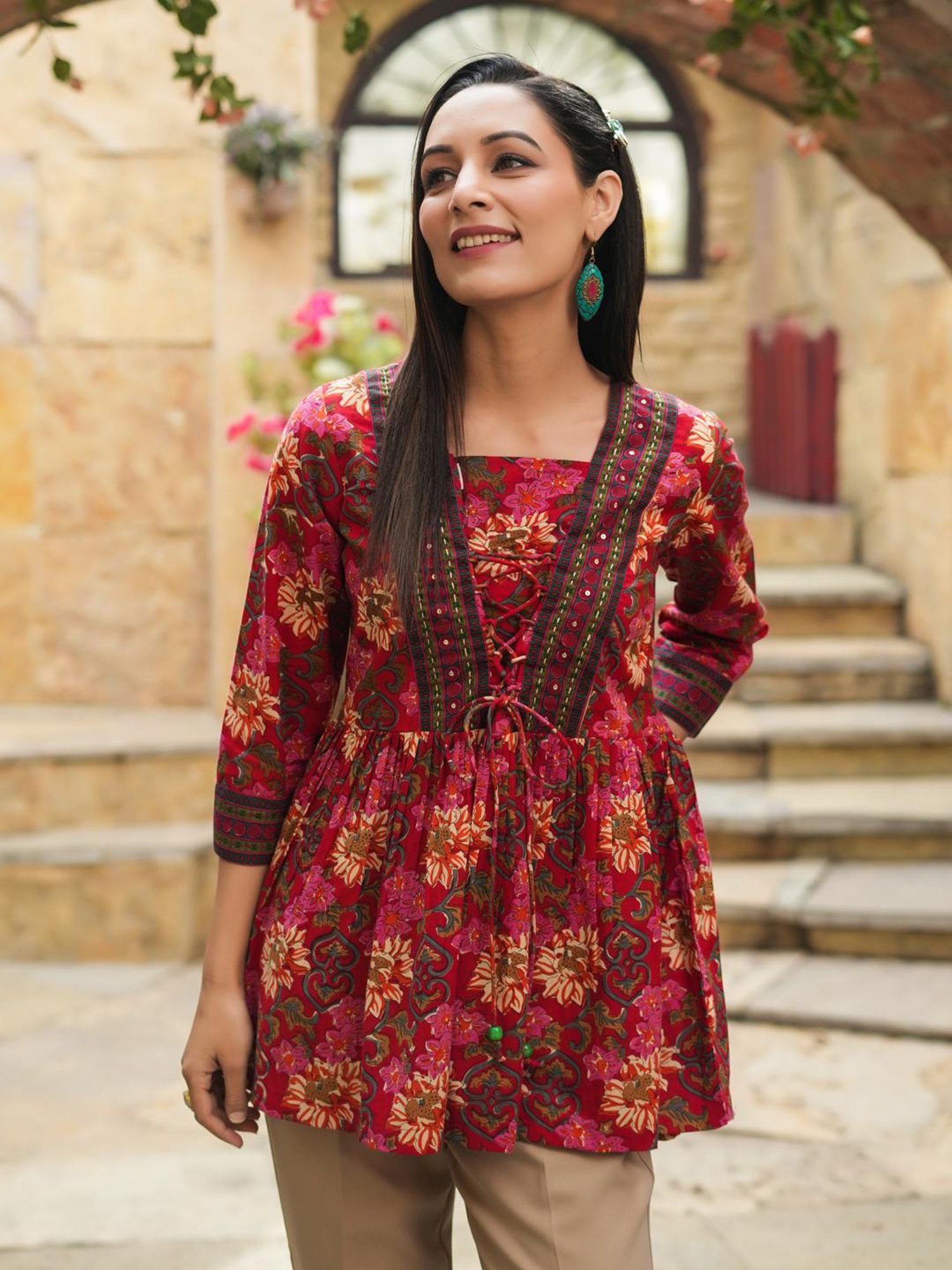 Rain and Rainbow Red Cotton Floral Print Top