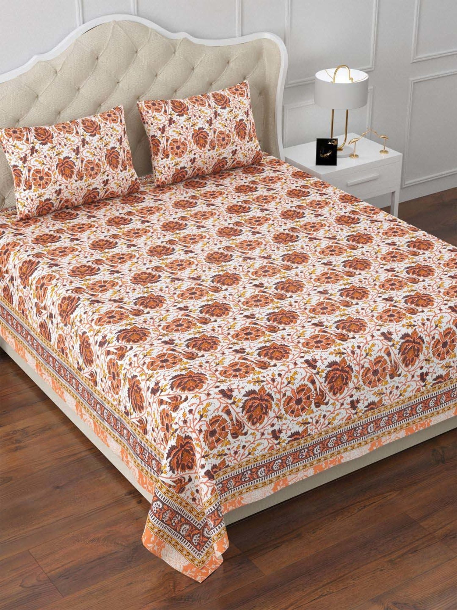 Aapno Rajasthan Rajwada Rosewood Orange & White Cotton 140 GSM Double Bedsheet With 2 Pillow Cover