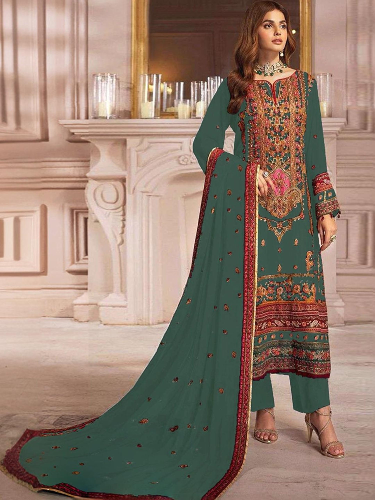 Odette Green Embroidered Unstitched Dress Material