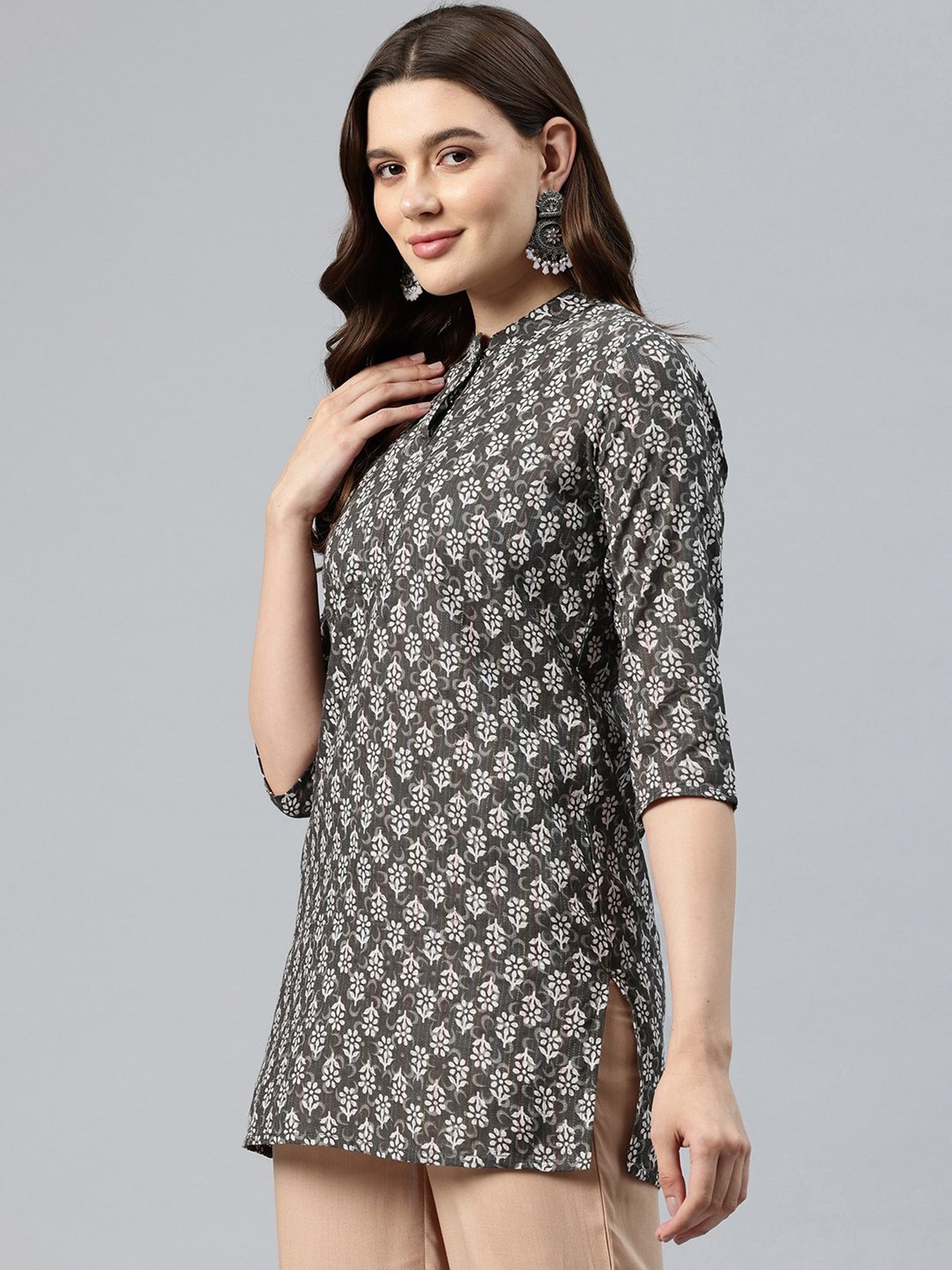 One Femme Black Cotton Printed A Line Kurti