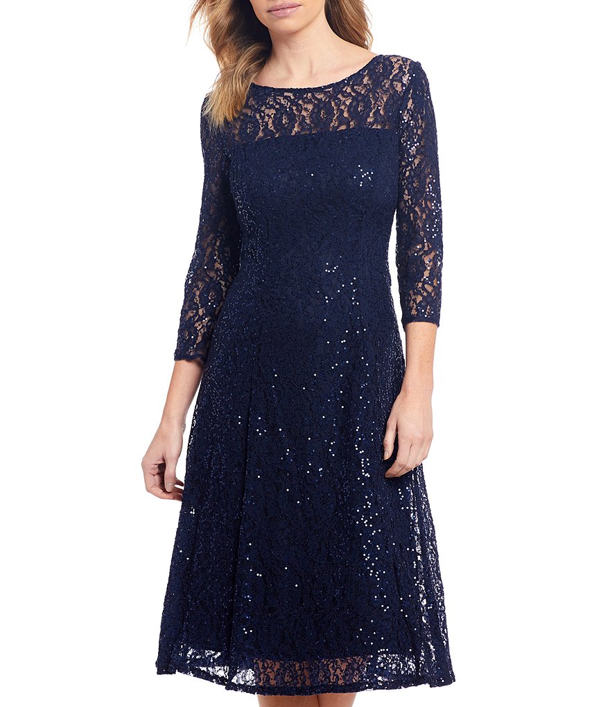 Ignite Evenings Petite Size Round Neck 3/4 Sleeve Tea Length Sequin Lace Dress
