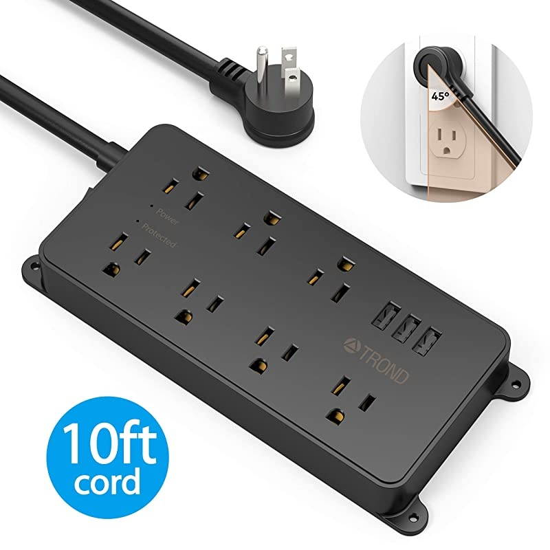 Strip Surge Protector with USB ETL Listed TROND Flat Plug Extension Cord Long 10ft Wall Mountable 7 WidelySpaced Outlets amp 3 USB Ports 1700 Joules Black