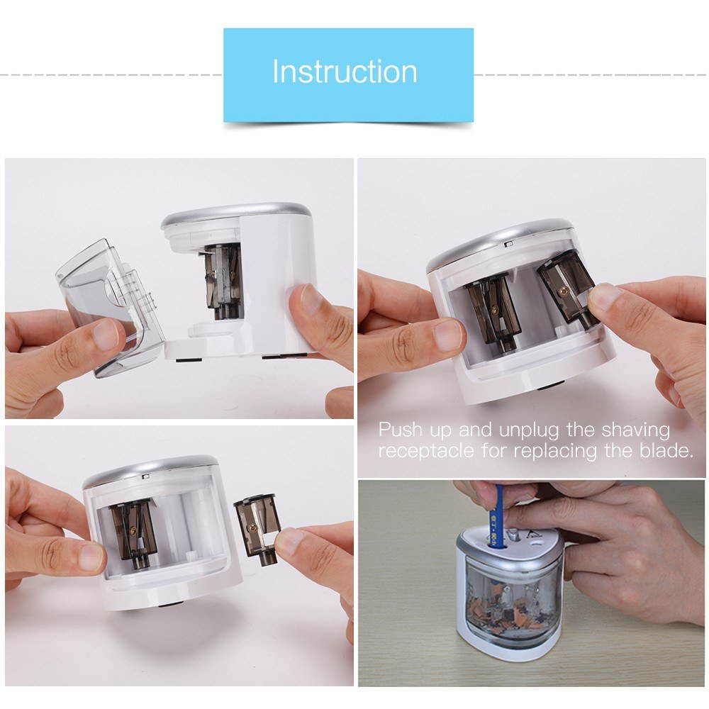 Multi-functional Automatic Electric Pencil Sharpener Battery Operated with 2 Holes(6-8mm / 9-12mm) for Home School Student Sliver
