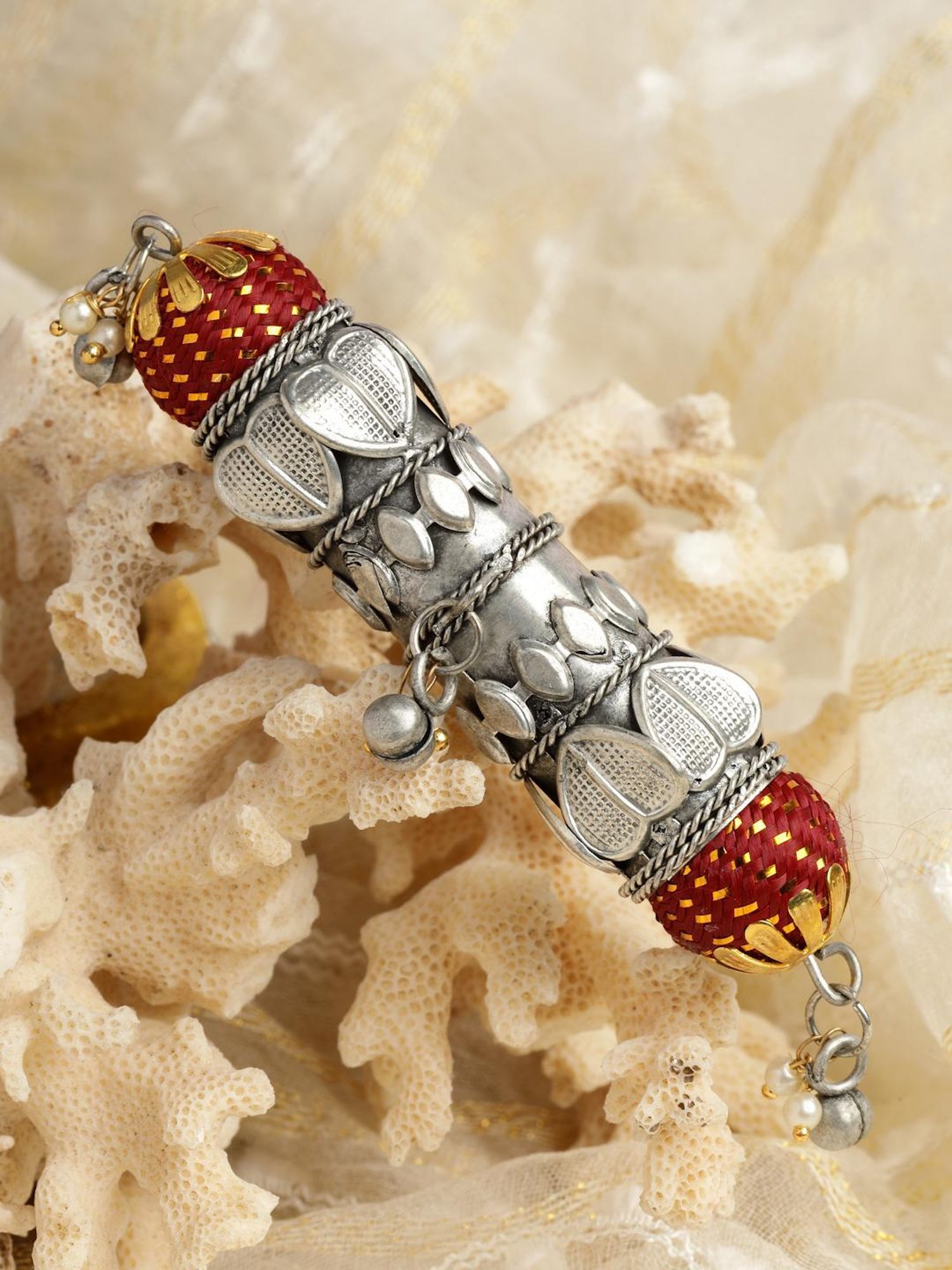 Moedbuille Handwoven Antique Temple Design Oxidised Silver Plated Tribal Filigree Finger Ring