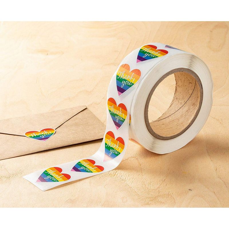Best Paper Greetings 100-Piece Thank You Rainbow Heart Shaped Gay Pride Self Adhesive Sticker Roll, 1.5 x 1.25 in