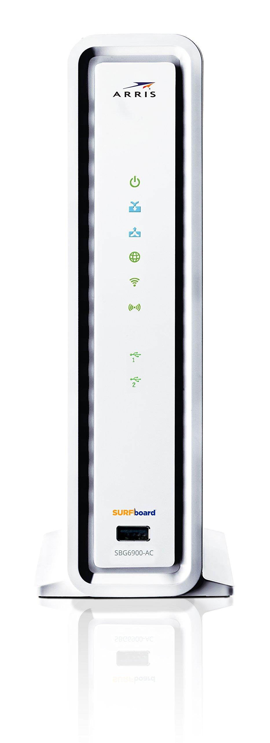 ARRIS SURFboard SBG6900-AC IEEE 802.11ac Cable Modem/Wireless Router - 2.40 GHz ISM Band - 5 GHz UNII Band - 1900 Mbit/s Wireless Speed - 4 x Network Port - USB - Gigabit Ethernet - Desktop