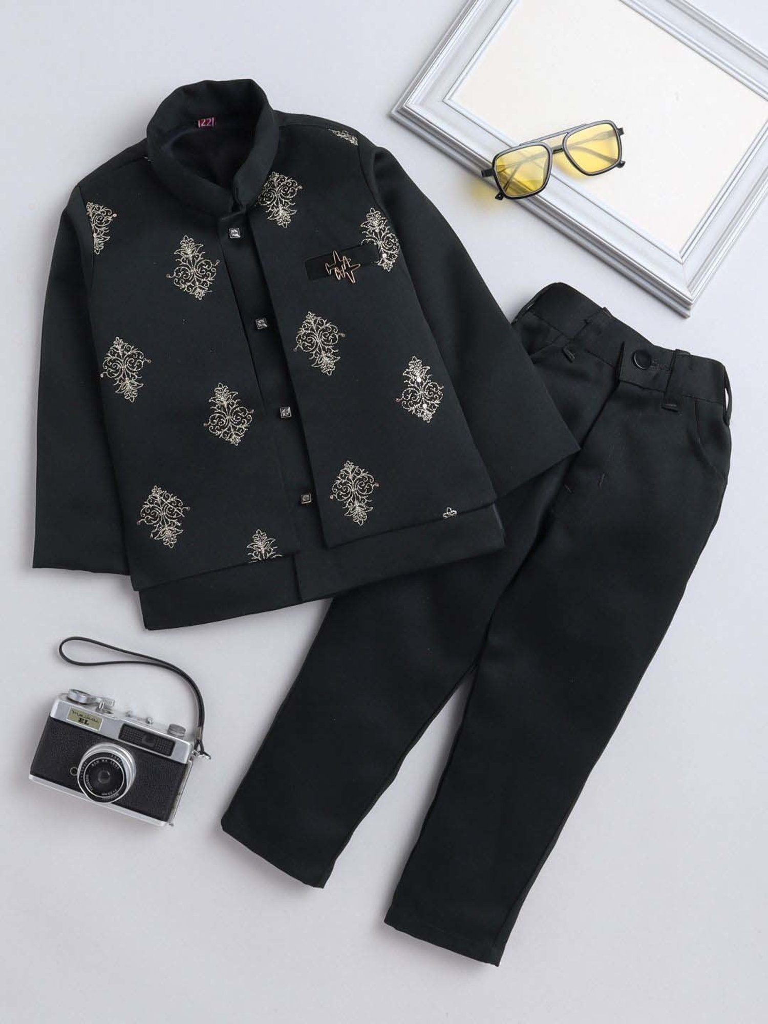 Fourfolds Boys Dark Green Solid Full Sleeves Clothing Set