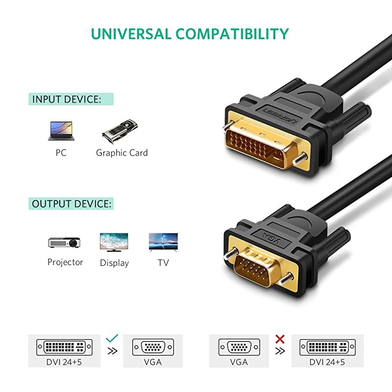 DVI to VGA Cable DVII 24+5 Male to VGA HD 15Pin Male Adapter Dual Link Video Cable 1080P Full HD from Laptop PC Host Graphics Card to Monitor Display or Projector Not DVID 24+1 10FT