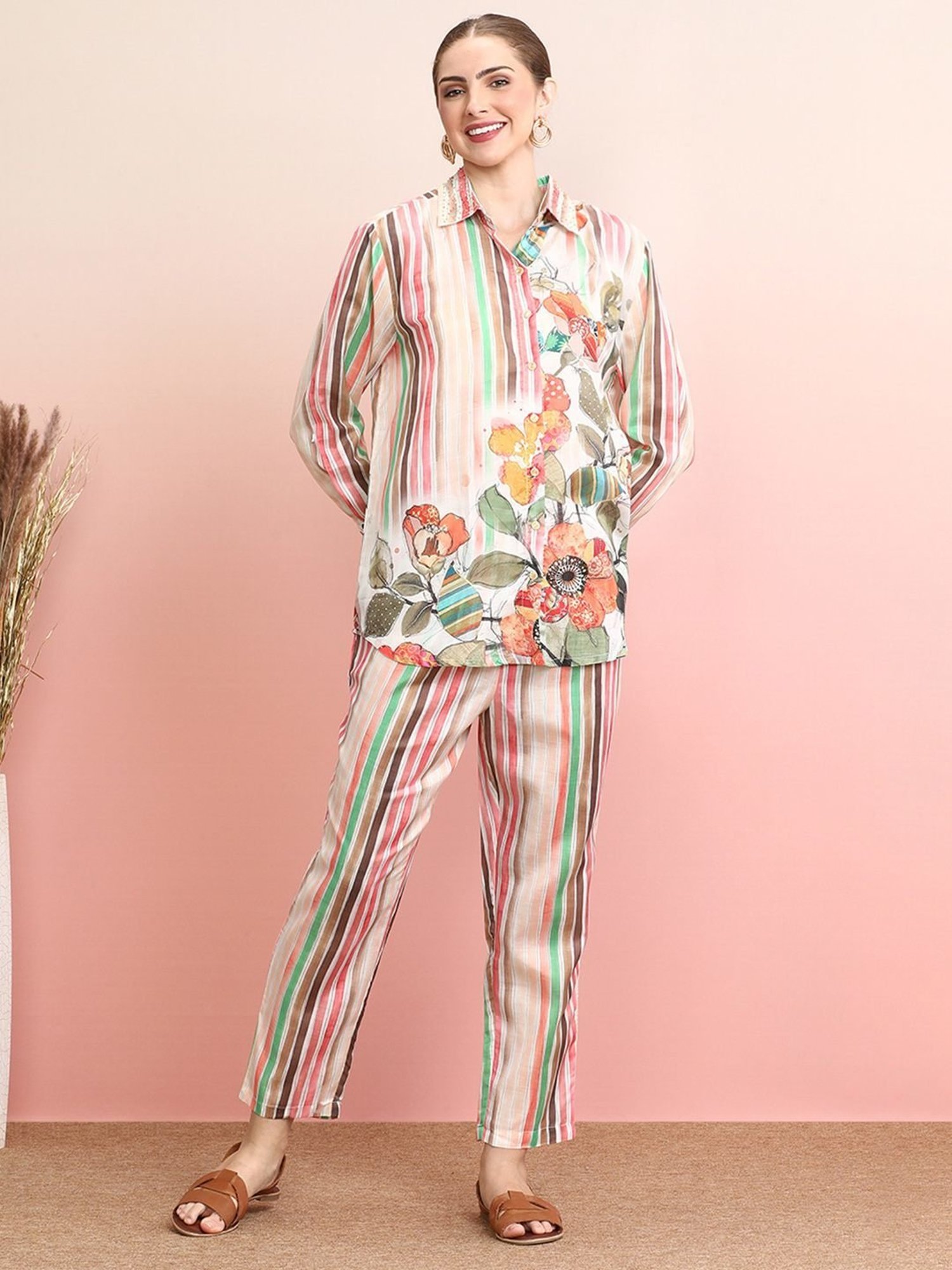 Indo Era Multicolored Floral Print Shirt Pant Set