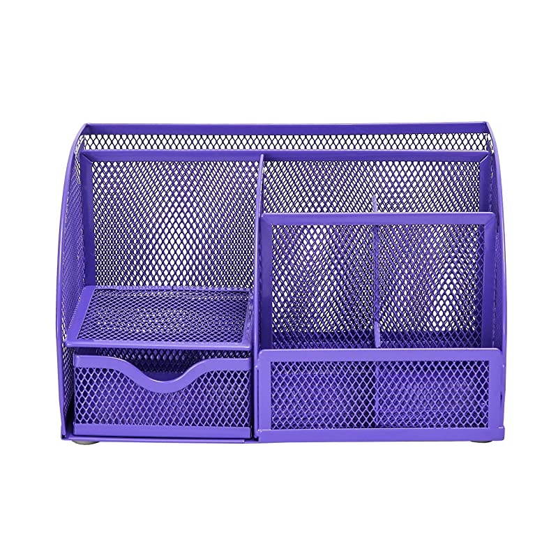 Mesh Desk Organizer Office with 7 Compartments + DrawerDesk Tidy CandyPen HolderMultifunctional Organizer Purple Color EX348PPL