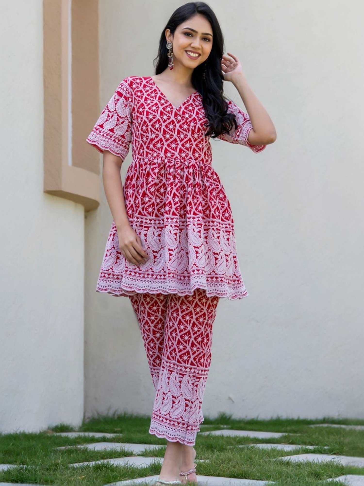 HOUSE OF JAMOTI Red Cotton Embroidered Tunic Pant Set