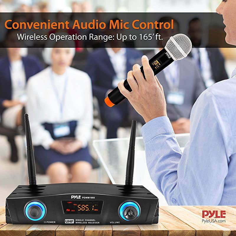 Compact UHF Wireless Microphone System Pro Portable 1 Channel Desktop Digital Mic Receiver Set w 1 Handheld Mic Receiver Base USB Cable Battery XLR for Home PA Karaoke DJ  PDWM1980