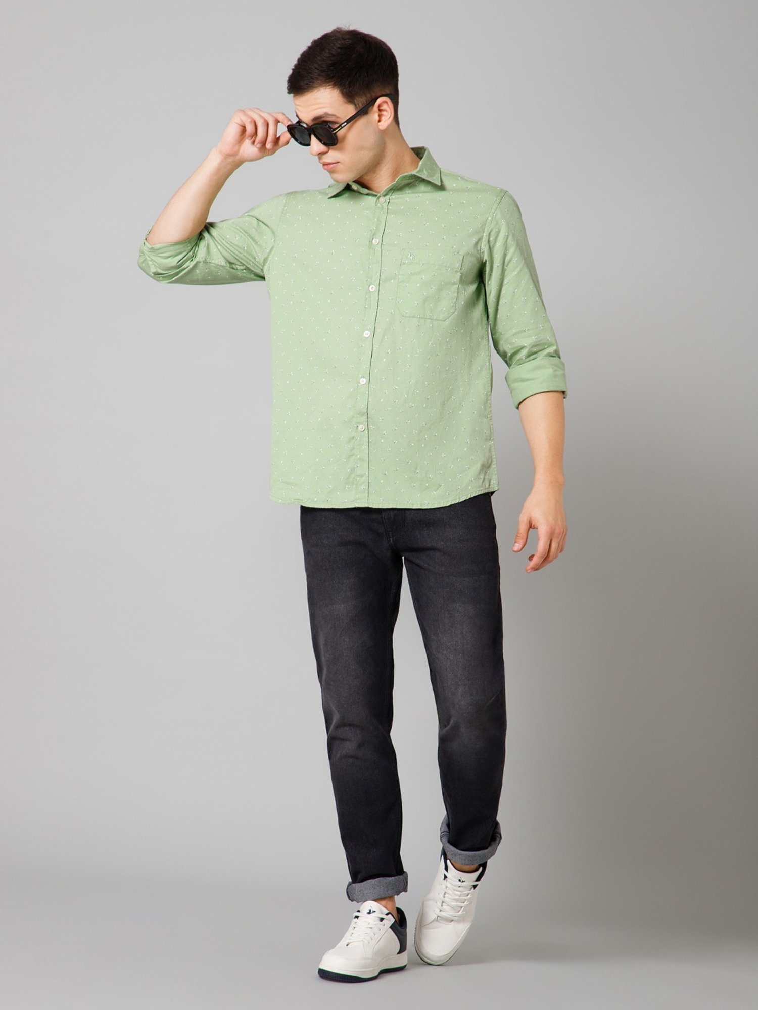 Cantabil Green Cotton Regular Fit Printed Shirt