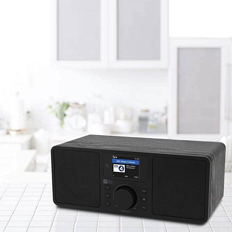 WiFi/FM Internet Radio WR230S Alarm Clock Radio with Bluetooth Receiver & Ethernet Port, Stereo Speakers, Line Out, Aux in, 20,000+ Stations, 2.4" Color Display- Black in Wooden Case