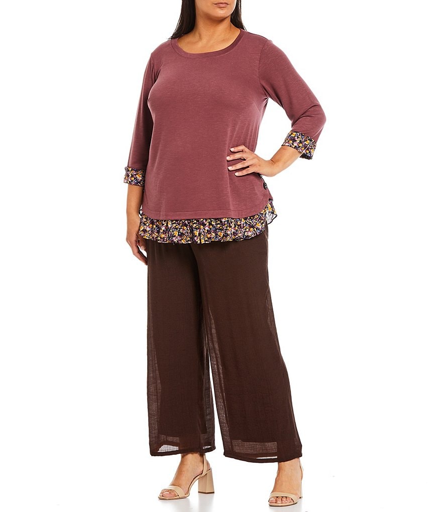 I.N. Studio Plus Size Hacci Knit Jewel Neck 3/4 Sleeve Floral Print Trim Side Button Hem Detail Twofer Top