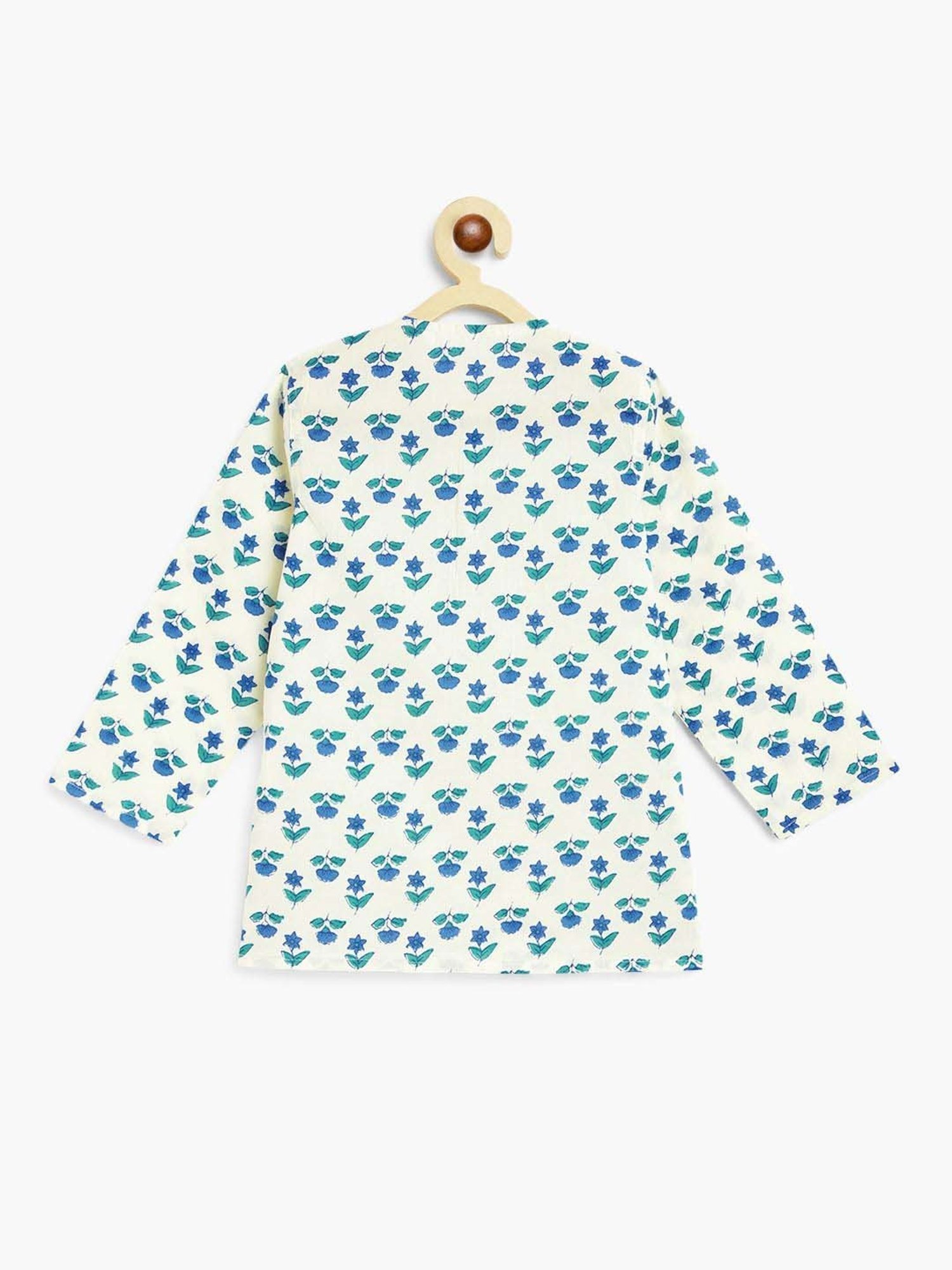 Campana Kids White & Blue Cotton Printed Full Sleeves Kurta & Dhoti