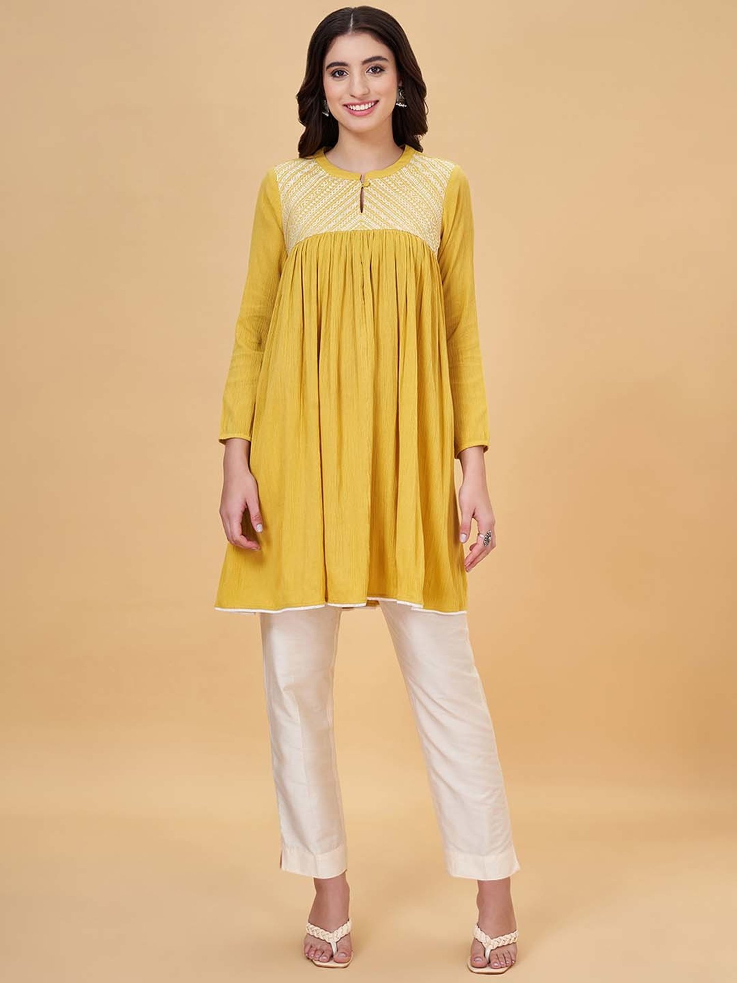 Rangmanch by Pantaloons Yellow & White Cotton Embroidered Kurti Pant Set