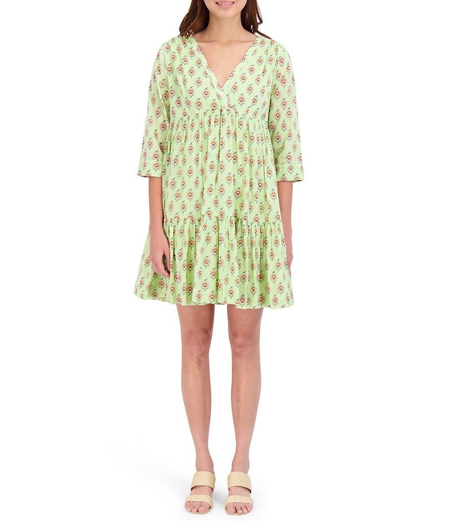 Roller Rabbit Messila Donatell V-Neck 3/4 Sleeve Tiered Dress