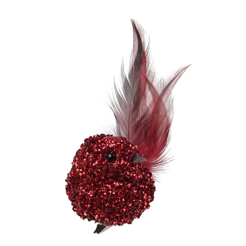 Northlight 6.5" Red Sequined Bird with Feather Tail Christmas Ornament with Clip
