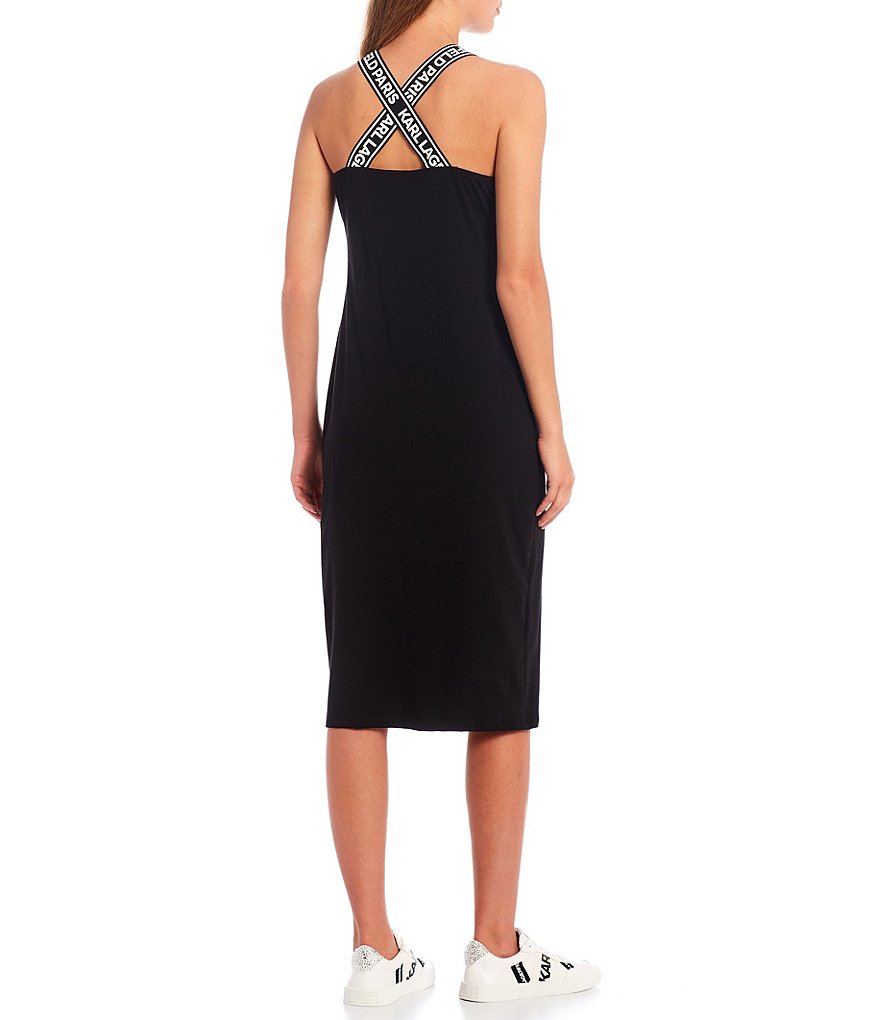 KARL LAGERFELD PARIS Scoop Neck Jersey Logo Strap Midi Tank Dress