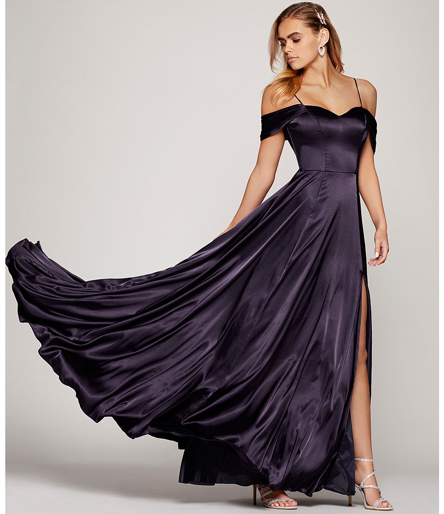 Sequin Hearts Off-The-Shoulder Satin Lace-Up-Back Side Slit Long Dress