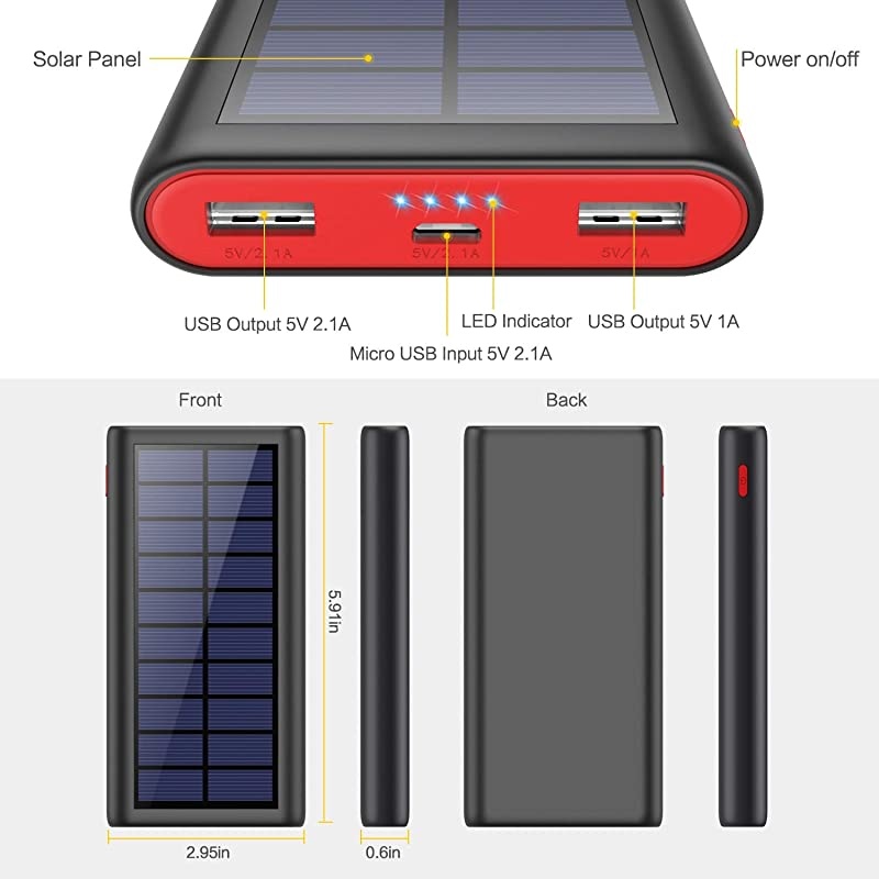 Solar Charger 26800mAh, Outdoor Power Bank,High Capacity External Backup Battery Pack with 4 LED Lights,Dual USB Ports Charging for Cellphones Tablets,iPad,GoPro Camera and More