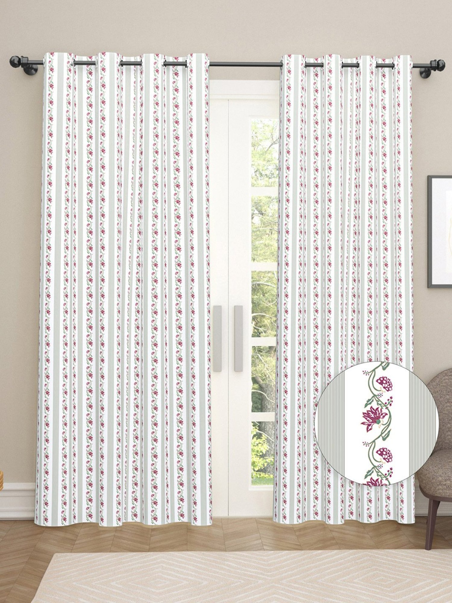 Haus & Kinder Printed Pink Cotton 7 FT Door Curtains - Set of 2