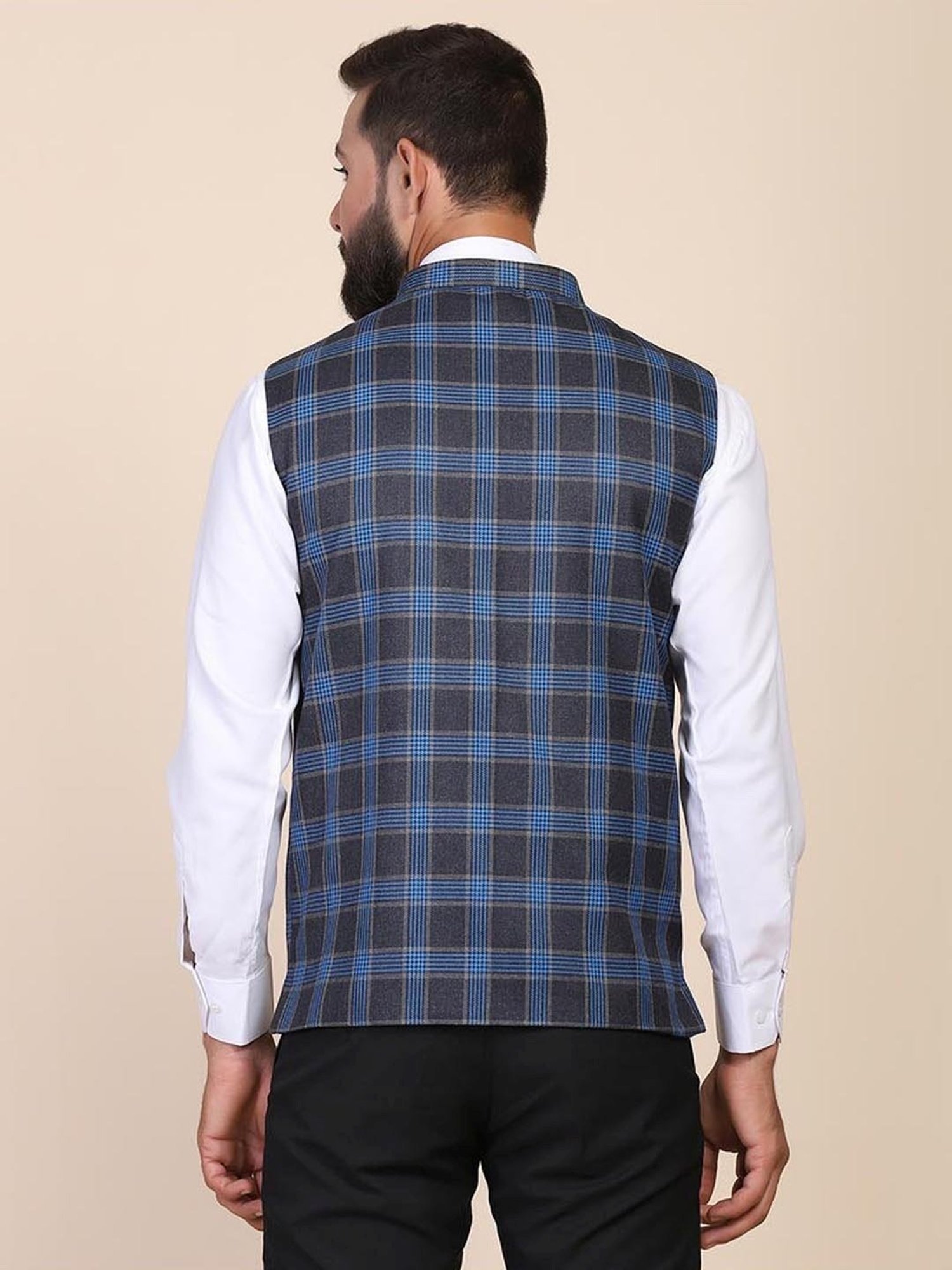 TAHVO Grey & Blue Slim Fit Checks Nehru Jacket