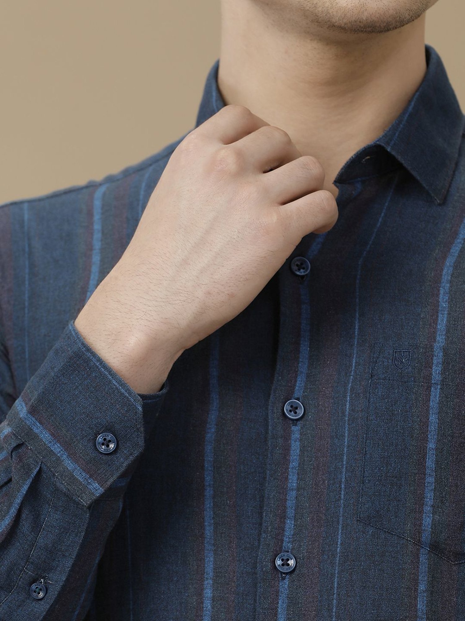Linen Club Blue Linen Contemporary Fit Striped Shirt