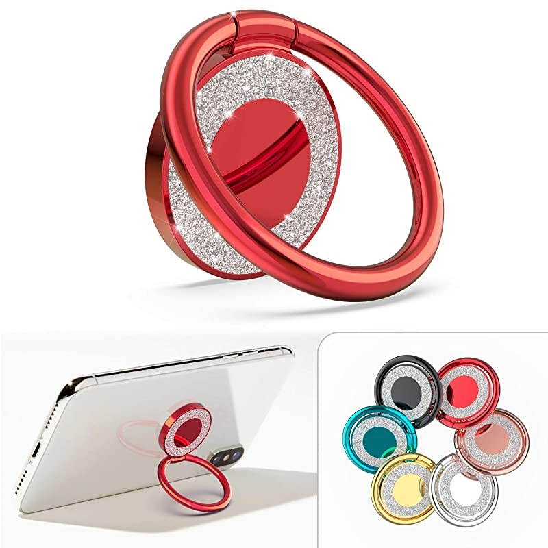 Cell Phone Ring Holder, 360 Rotation Bling Metal Finger Kickstand Phone Grip for Magnetic Car Mount Compatible with Smartphone(Lucky Red)