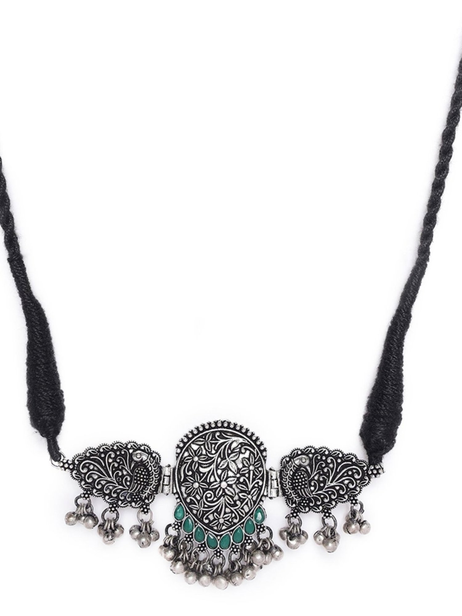 Aatmana Oxidized Silver-Plated Green Stone-Studded Peacock Shaped Necklace Set