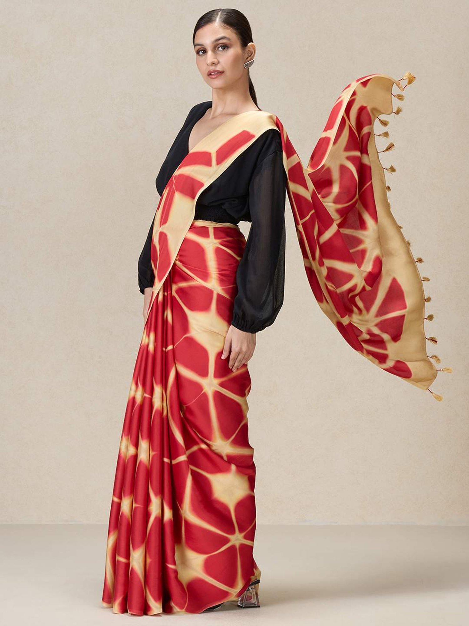 navyasa by liva Beige & Red Printed Saree With Unstitched Blouse