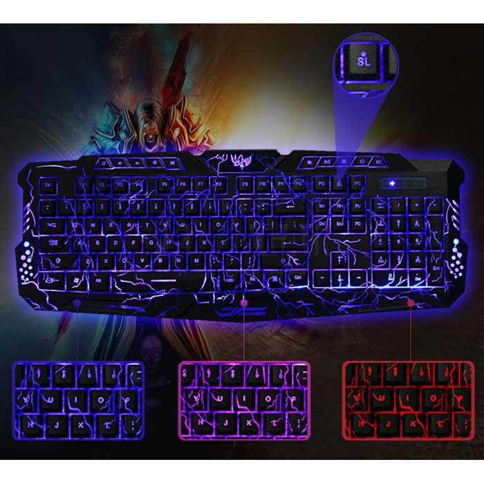 3 Colors Crack LED Backlight Wired USB Multimedia PC Gaming Keyboard Universal