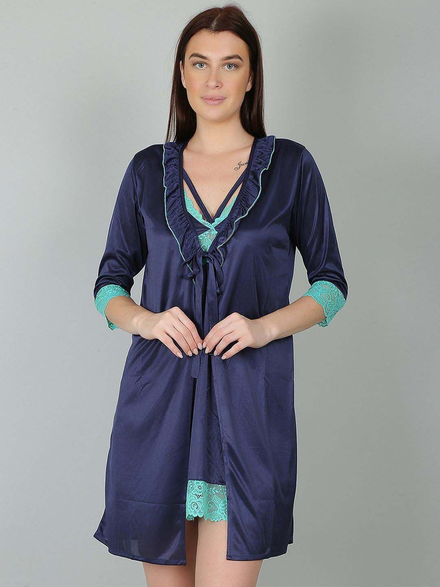 N-Gal Blue Lace Work Short Nighty With Robe