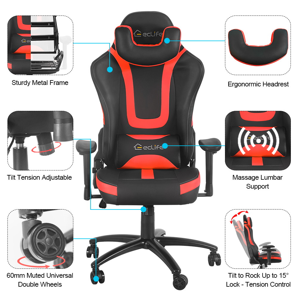 Eclife Ergonomic Video Game Chair PU Leather Computer Recliner Office Chair with Massage Lumbar Support and Removable Headrest Gaming Chair