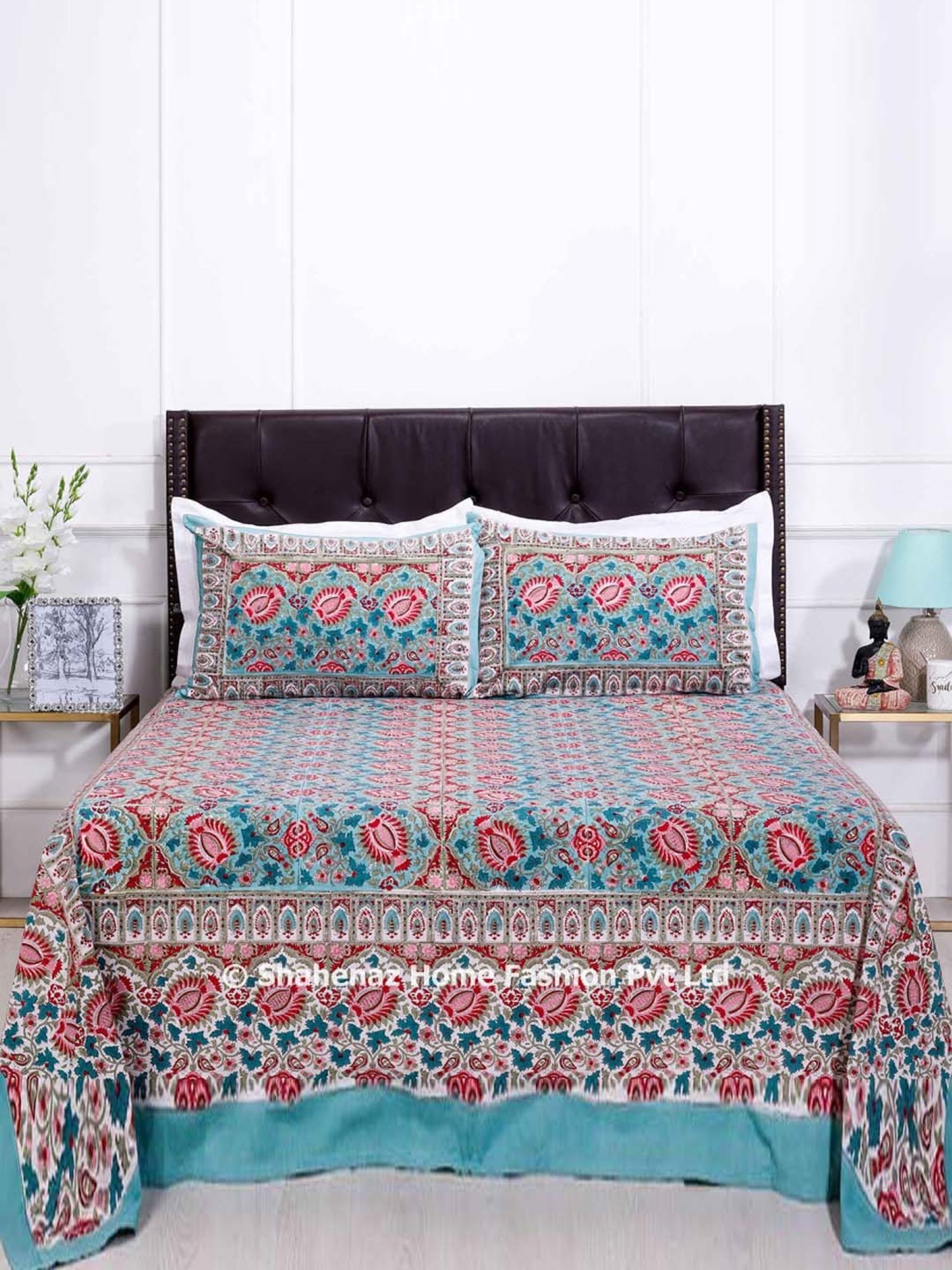 Shahenaz Blue & Pink 120 TC Cotton Camerina Single Bedsheet with 1 Pillow Cover