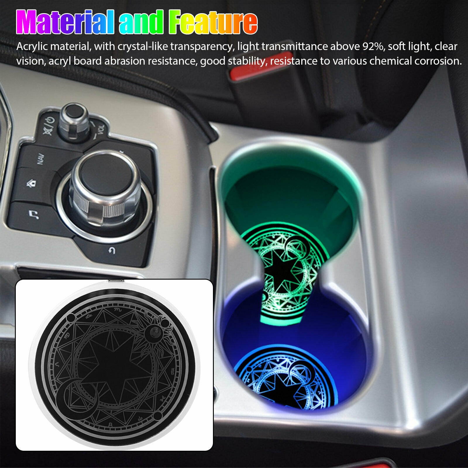 2x LED Car Cup Holder Atmosphere Light Pad Switchable 7 Colors Changing Coaster