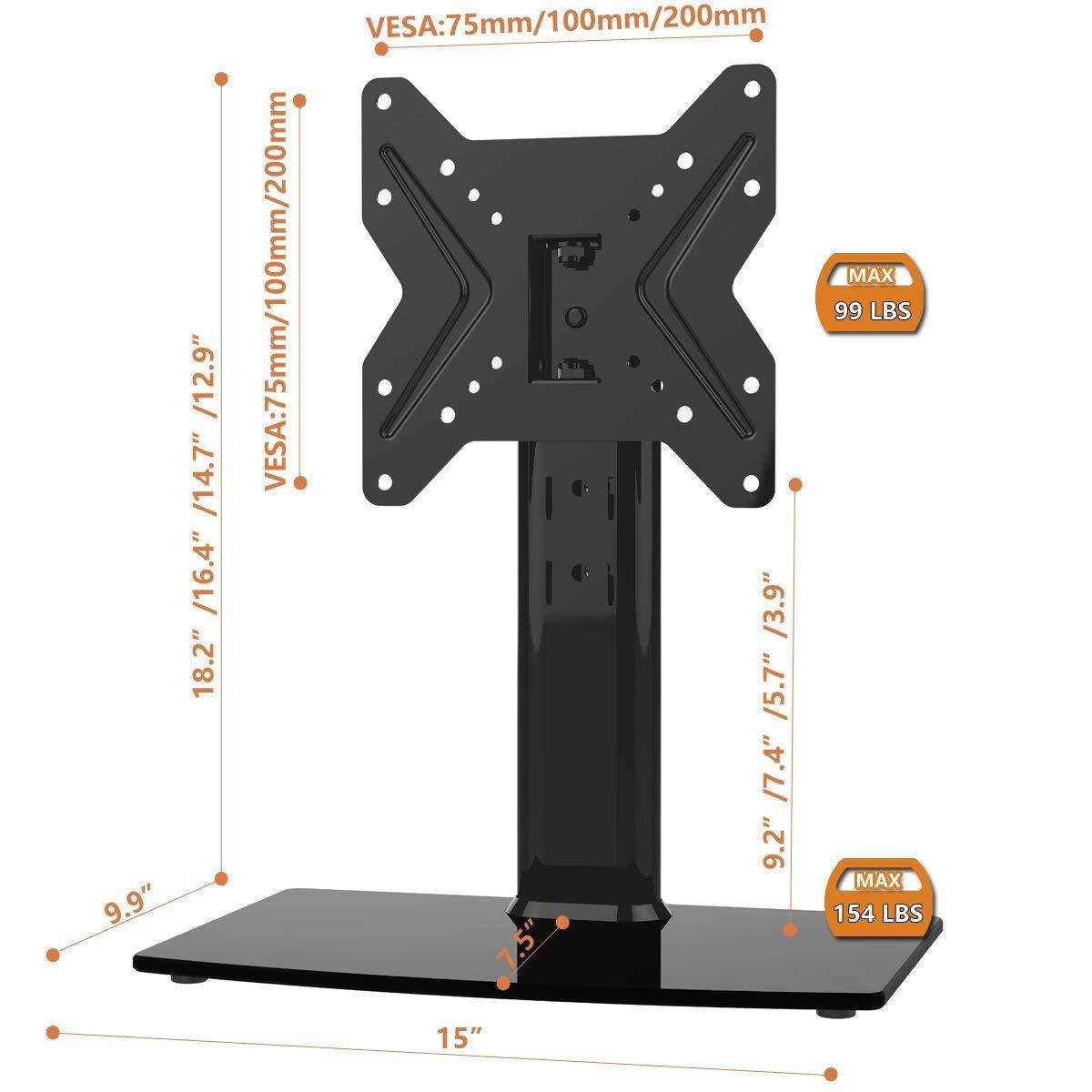 Universal Swivel TV Stand/Base Table Top TV Stand 19 to 39 inch TVs 90 Degree Swivel, 4 Level Height Adjustable, Heavy Duty Tempered Glass Base, Holds up to 99lbs, HT02B-001