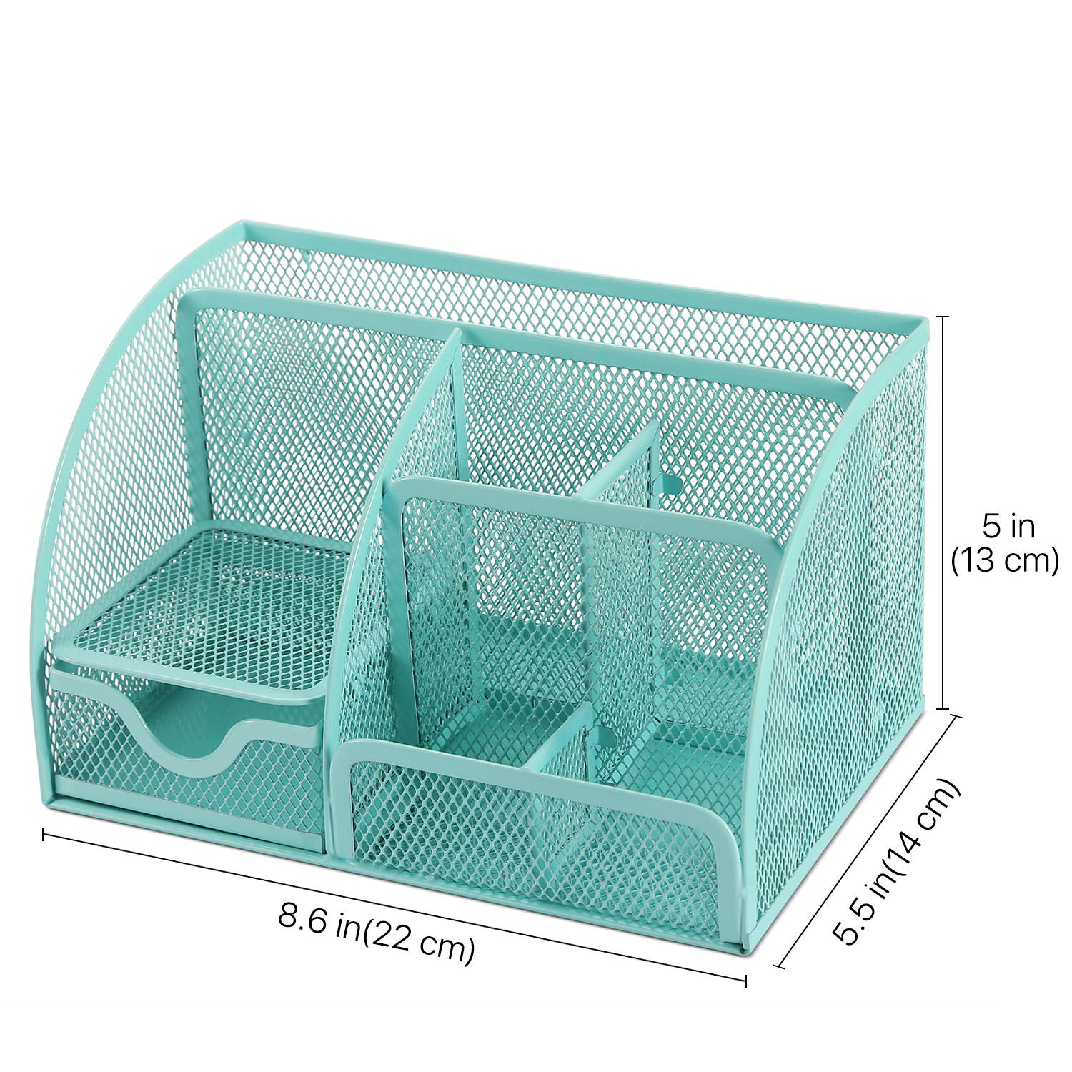 Desk Organizer Office Supplies Accessories Desktop Tabletop Sorter Shelf Pencil Holder Caddy Set - Metal Mesh with Drawer and 6 Compartments (Turquoise/Aqua)