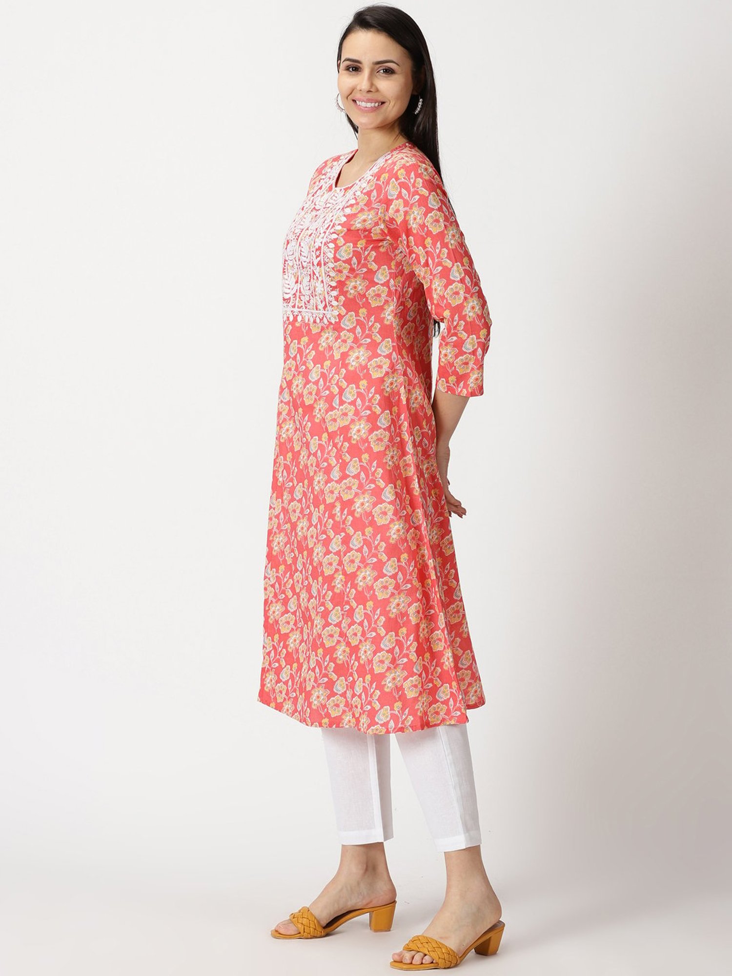 Saffron Threads Coral Cotton Floral Print A Line Kurta
