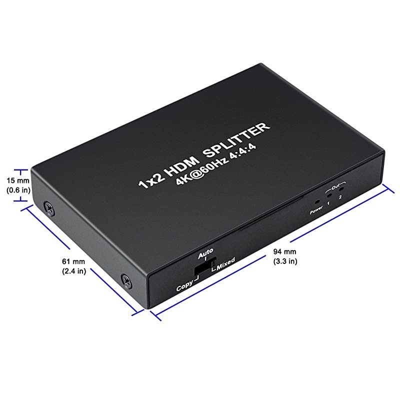 1x2 HDMI Splitter 4K 60hz 4:4:4 HDR 18Gbps HDCP 2.2 EDID 3D 1 in 2 Out HDMI 2.0 Port for Duplicate Dual Monitor Sharing Screen UHD Video