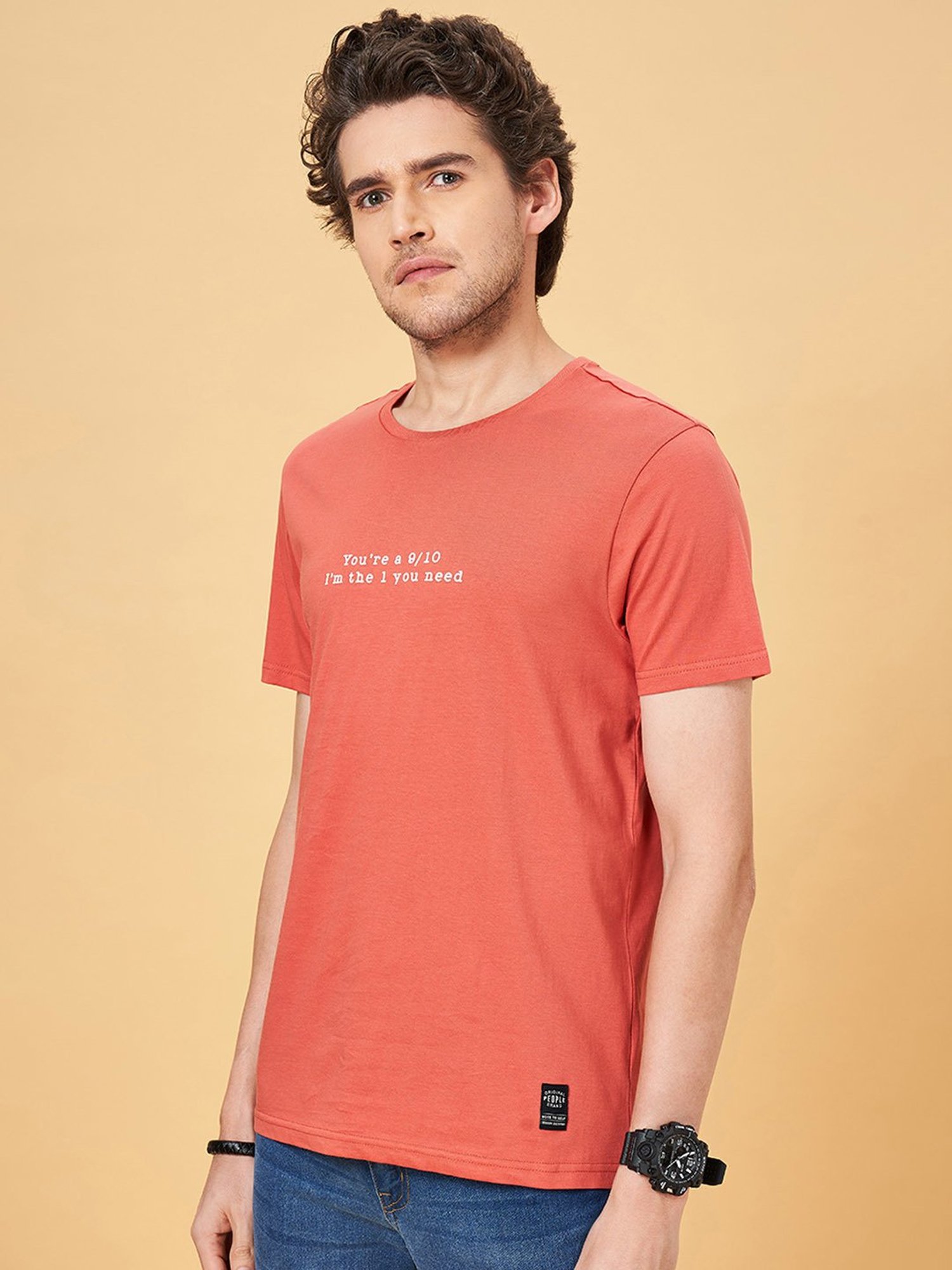 People by Pantaloons Coral Slim Fit Printed Crew T-Shirt