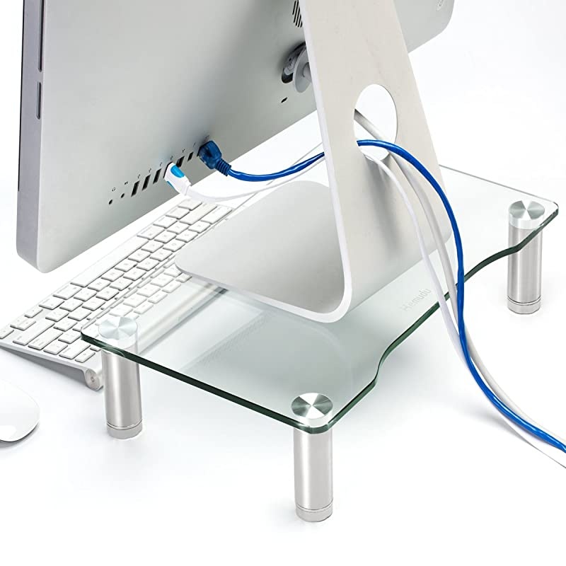 Tempered Glass Computer Monitor Riser with Height Adjustable Multi Media Desktop Stand for Flat Screen LCD LED TV, Laptop/Notebook/Xbox One,HD01T-002