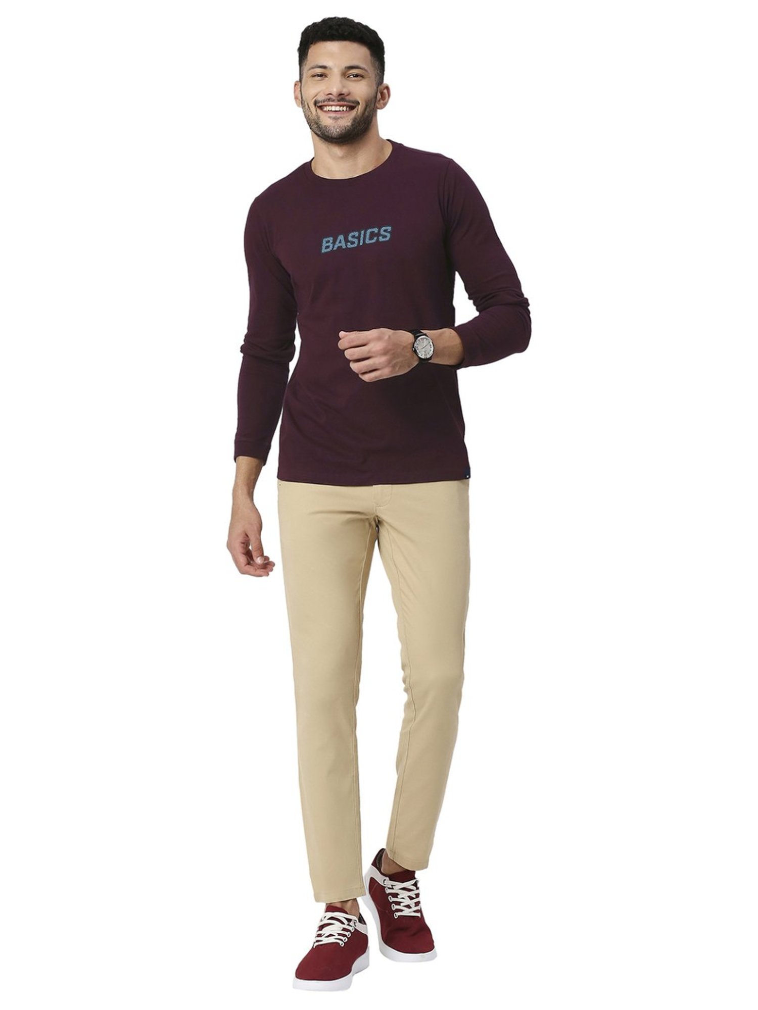 Basics Maroon Slim Fit Printed T-Shirt