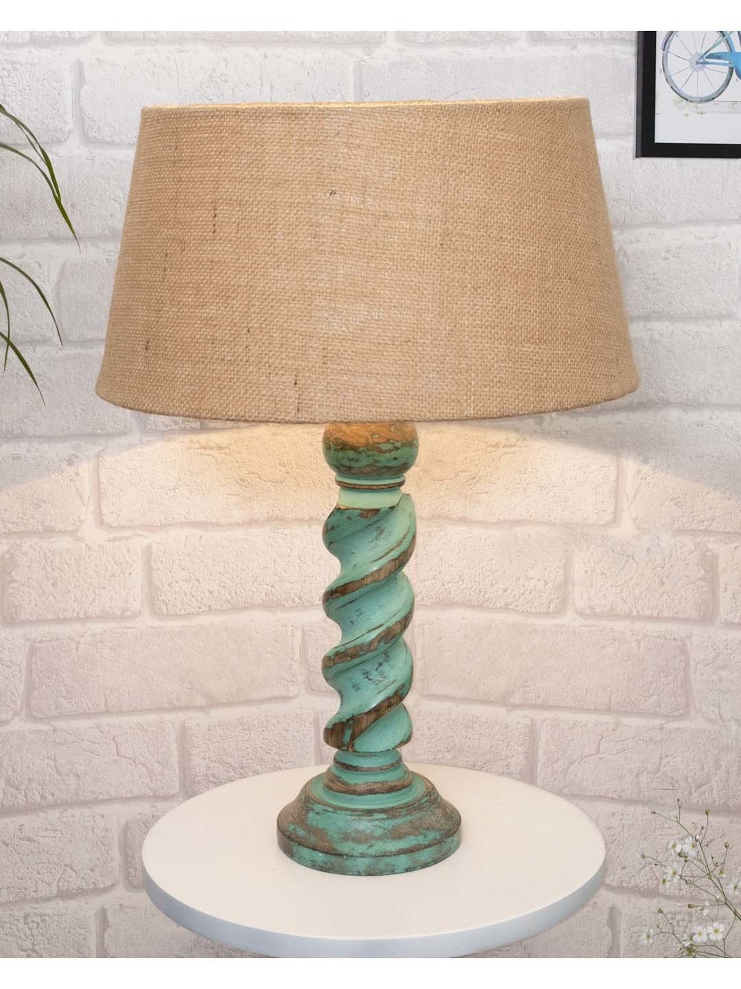 Homesake 'Signature Rustic Rope Algae' Brown & Green Wood Table Lamp with Drum Shade - Set of 1