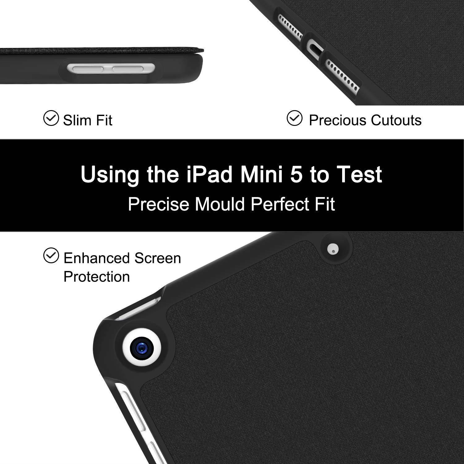 Soke iPad Mini 5 Case 2019 with Pencil Holder, Premium Trifold Case with Strong Protection, Ultra Slim Soft TPU Back Cover with Auto Sleep/Wake Function for New Apple iPad Mini 5th Gen(Black)