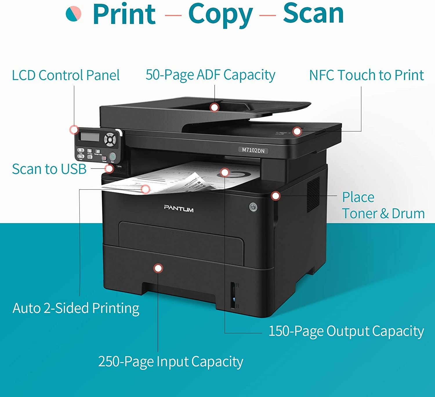 All in One Laser Printer Scanner Copier, Multifunction Black and White Printer with ADF, Auto Two Sided Printing, Built-in Ethernet, Connect with Network and USB Code Only, Pantum M7102DN