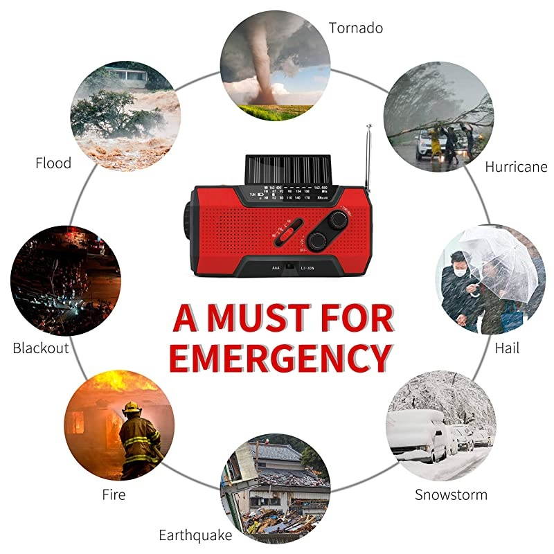 Radio Solar Hand Crank AMFMNOAA Weather Radio for Household and Outdoor with LED Flashlight Reading Lamp 2000mAh Power Bank USB Charger and SOS Alarm Red