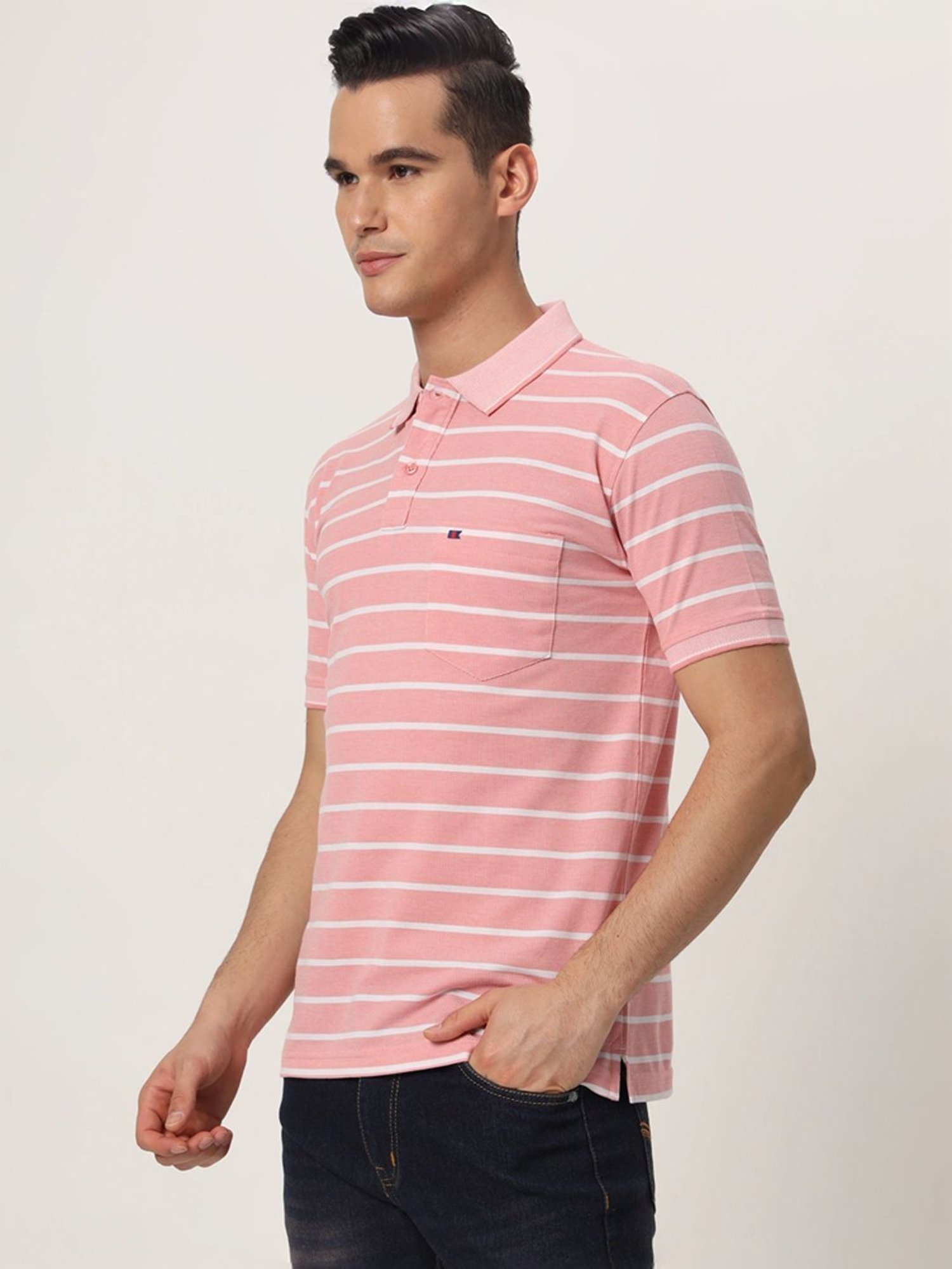 Tab91 Pink Regular Fit Striped Polo T-Shirts