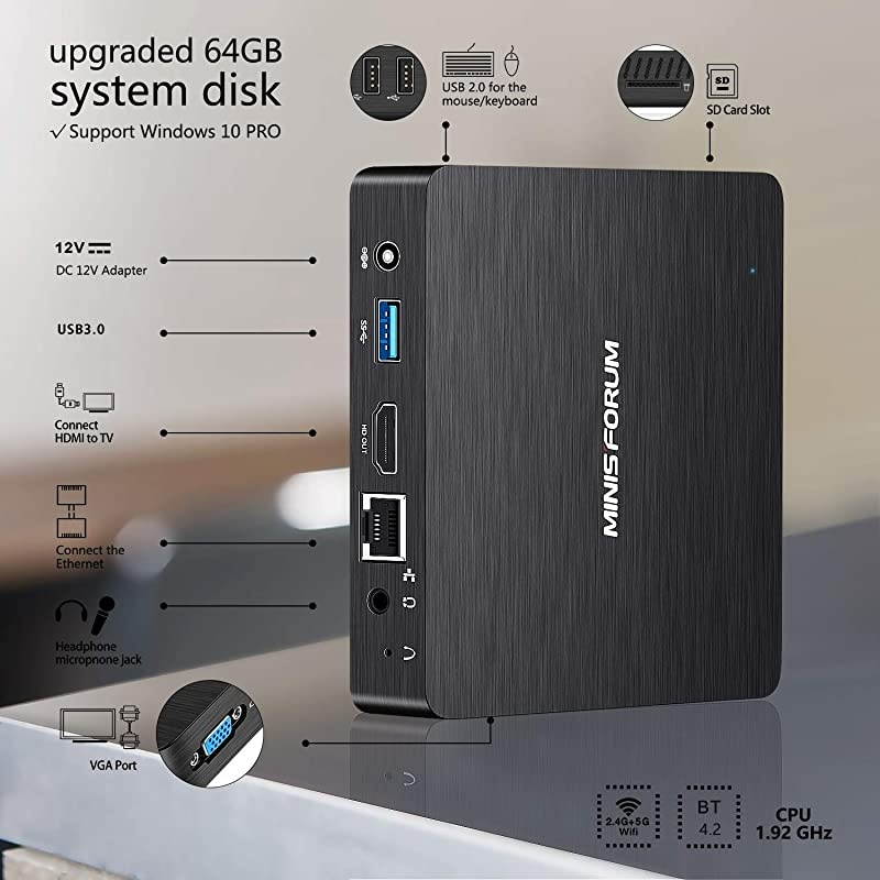 Mini PC Fanless Computer Windows 10 Pro Intel Atom Quad Core x5-Z8350 4GB DDR/64GB eMMC HDMI and VGA Port 2.4/5.8G WiFi BT4.2 USB 3.0 Mounting Bracket Auto Power On
